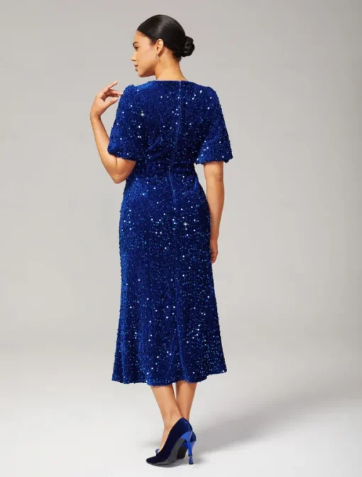 Velour Sequin Puff Sleeve Sparkly Elegant Maxi Dress