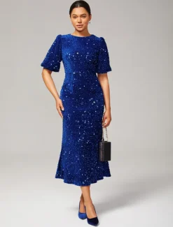 Velour Sequin Puff Sleeve Sparkly Elegant Maxi Dress