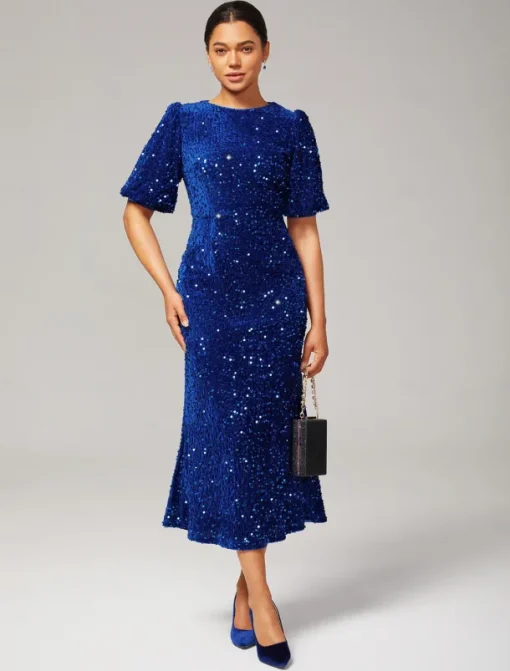 Velour Sequin Puff Sleeve Sparkly Elegant Maxi Dress
