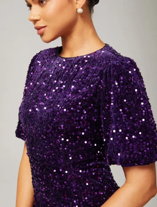 Velour Sequin Puff Sleeve Sparkly Elegant Maxi Dress