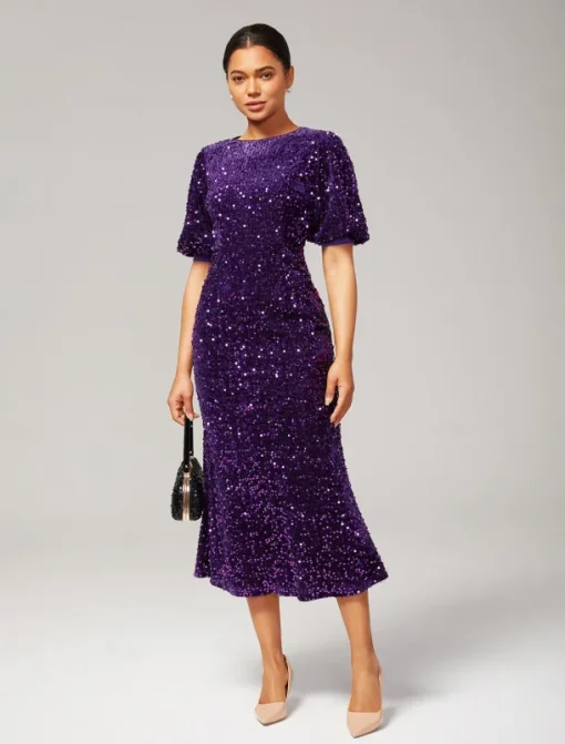 Velour Sequin Puff Sleeve Sparkly Elegant Maxi Dress