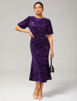 Velour Sequin Puff Sleeve Sparkly Elegant Maxi Dress