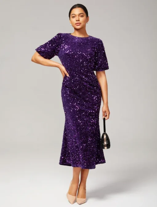 Velour Sequin Puff Sleeve Sparkly Elegant Maxi Dress