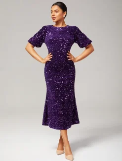 Velour Sequin Puff Sleeve Sparkly Elegant Maxi Dress