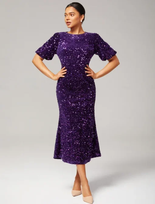Velour Sequin Puff Sleeve Sparkly Elegant Maxi Dress