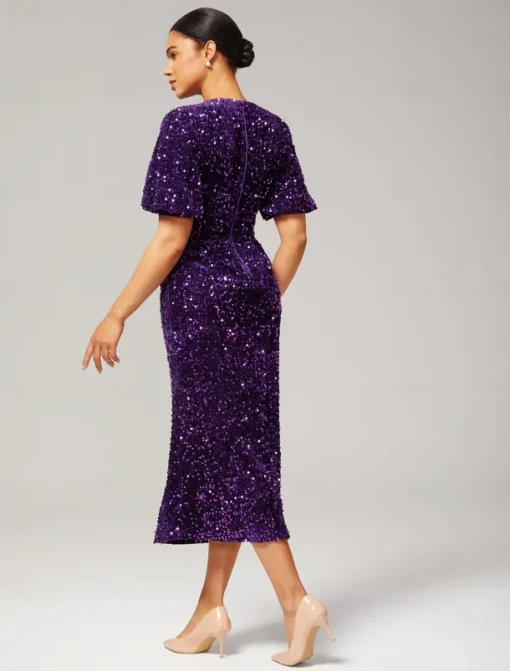 Velour Sequin Puff Sleeve Sparkly Elegant Maxi Dress