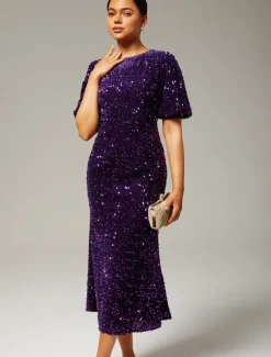 Velour Sequin Puff Sleeve Sparkly Elegant Maxi Dress