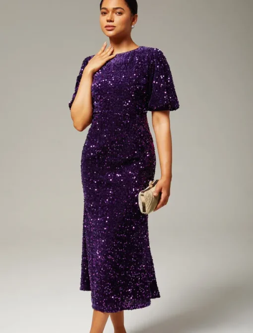 Velour Sequin Puff Sleeve Sparkly Elegant Maxi Dress