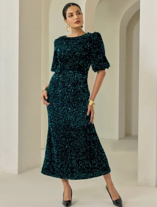 Velour Sequin Puff Sleeve Sparkly Elegant Maxi Dress