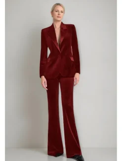 Velvet Blazer Set Two Piece Jumpsuit / Pantsuit Pantsuit Mother of the Tailored Pantsuit Elegant Vintage Simple Satin Peak Lapel Floor Length Flared Pants Velvet Long Sleeve with Covered Buttons