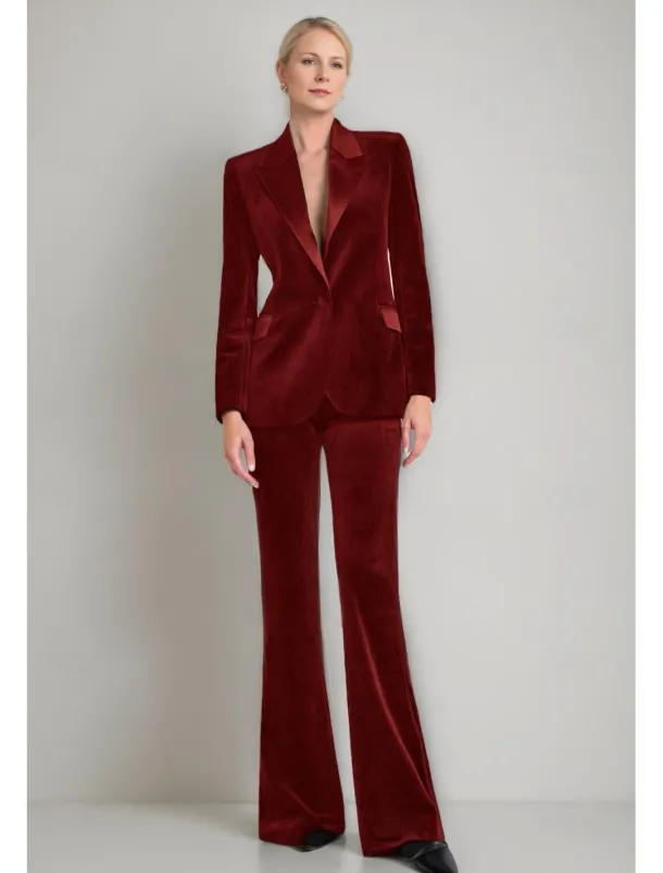 Velvet Blazer Set Two Piece Jumpsuit / Pantsuit Pantsuit Mother of the Tailored Pantsuit Elegant Vintage Simple Satin Peak Lapel Floor Length Flared Pants Velvet Long Sleeve with Covered Buttons
