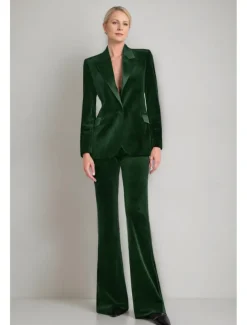 Velvet Blazer Set Two Piece Jumpsuit / Pantsuit Pantsuit Mother of the Tailored Pantsuit Elegant Vintage Simple Satin Peak Lapel Floor Length Flared Pants Velvet Long Sleeve with Covered Buttons