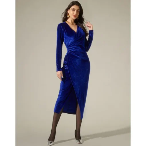 Velvet Navy Blue Glitter Elegant Party Midi Dress