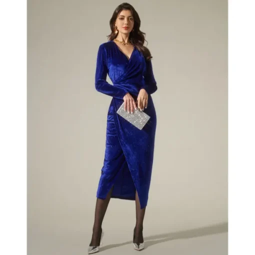 Velvet Navy Blue Glitter Elegant Party Midi Dress
