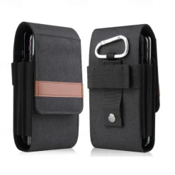 Vertical Nylon Dual Pocket Phone Holster Pouch Belt Clip Case Holder Oxford Cloth Sports Mobile Phone Bag Double Divided Design Power Bank Organizer Earphone Storage Card Storage