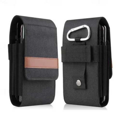 Vertical Nylon Dual Pocket Phone Holster Pouch Belt Clip Case Holder Oxford Cloth Sports Mobile Phone Bag Double Divided Design Power Bank Organizer Earphone Storage Card Storage