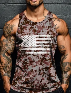 Veterans Day Men's Patriot Patriotic Veteran Camo Camouflage T Shirt Vest Top Sleeveless T shirt 3D Print Crew Neck Shirt Vacation Casual Hawaiian Holiday Red Navy Blue Green Summer Spring Clothing