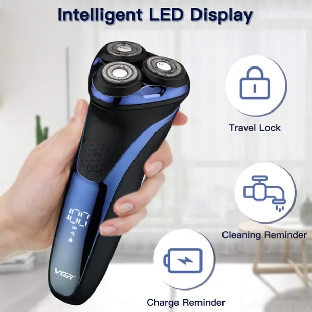 VGR Electric Razor for Men USB Rechargeable 3D Rotary Men's Shaver Pop-up Beard Trimmer Grooming Kit IPX7-Waterproof Corded & Cordless Wet Dry Beard Shavers LED Display