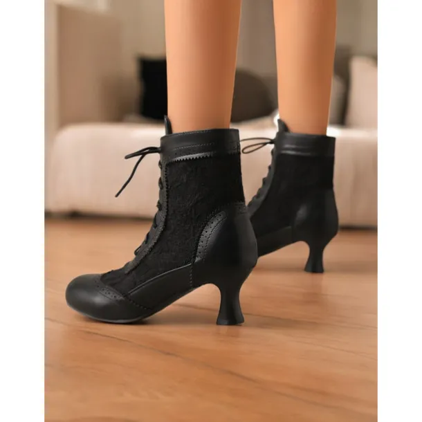 Victorian Style Women's Ankle Boots with Lace Design and Faux Leather Accents – Vintage Lace-Up Footwear for Casual and Costume Occasions