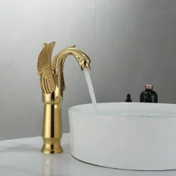 Vintage Bathroom Sink Mixer Faucet Brass Swan Shap, Monobloc Washroom Basin Taps Single Handle One Hole Deck Mounted, Mono Water Vessel Tap Hot and Cold Hose Antique Retro