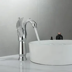 Vintage Bathroom Sink Mixer Faucet Brass Swan Shap, Monobloc Washroom Basin Taps Single Handle One Hole Deck Mounted, Mono Water Vessel Tap Hot and Cold Hose Antique Retro