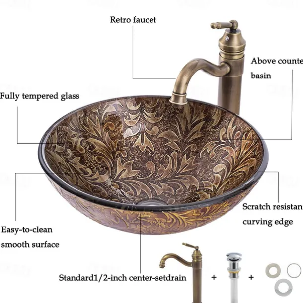 Vintage Bathroom Vessel Sink Set Round 16.5"x5.7", Sink Mixer Faucet and Drain Combo with Pop-up Drain, Boat Shape Tempered Glass Artistic Vessel Vanity Sink Bowl, Above Counter Sink Art Wash Basin