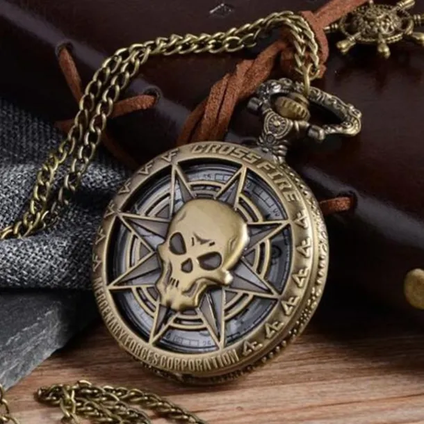 Vintage Bronze Steampunk Quartz Pocket Watch Hollow Carribean Pirate Skull Head Horror with Chain for Men Women Pendant necklace