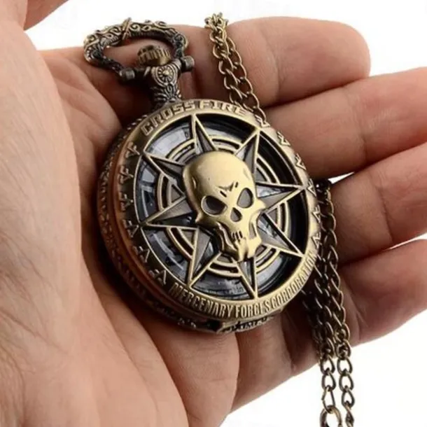 Vintage Bronze Steampunk Quartz Pocket Watch Hollow Carribean Pirate Skull Head Horror with Chain for Men Women Pendant necklace