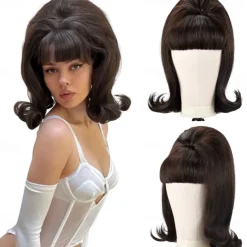Vintage Brown Wig 50s 60s 70s with Bangs Synthetic Hair for Women Party Halloween Wigs