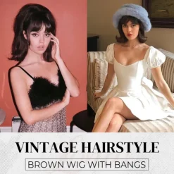 Vintage Brown Wig 50s 60s 70s with Bangs Synthetic Hair for Women Party Halloween Wigs