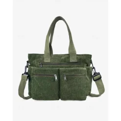 Vintage Corduroy Tote Bag with Multiple Zippered Pockets - Casual Handbag for Women