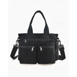 Vintage Corduroy Tote Bag with Multiple Zippered Pockets - Casual Handbag for Women