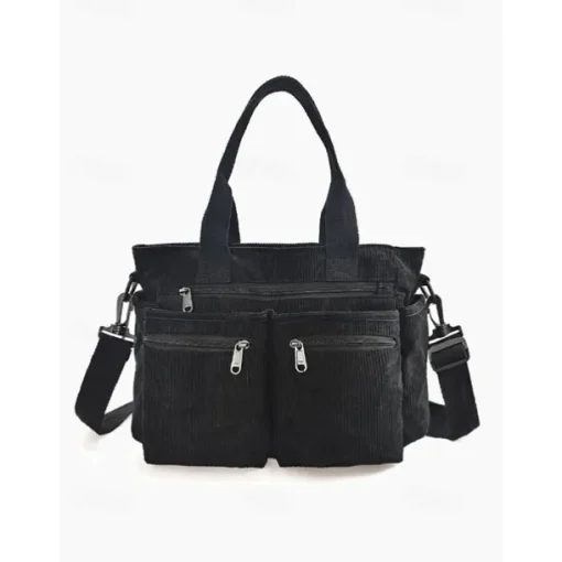 Vintage Corduroy Tote Bag with Multiple Zippered Pockets - Casual Handbag for Women