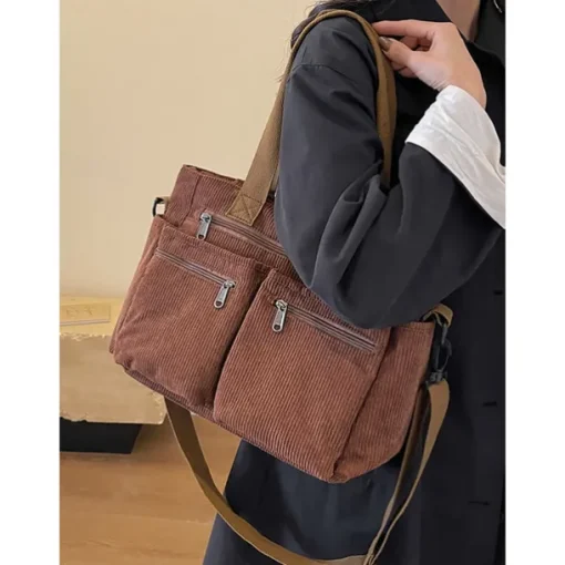 Vintage Corduroy Tote Bag with Multiple Zippered Pockets - Casual Handbag for Women
