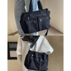 Vintage Corduroy Tote Bag with Multiple Zippered Pockets - Casual Handbag for Women