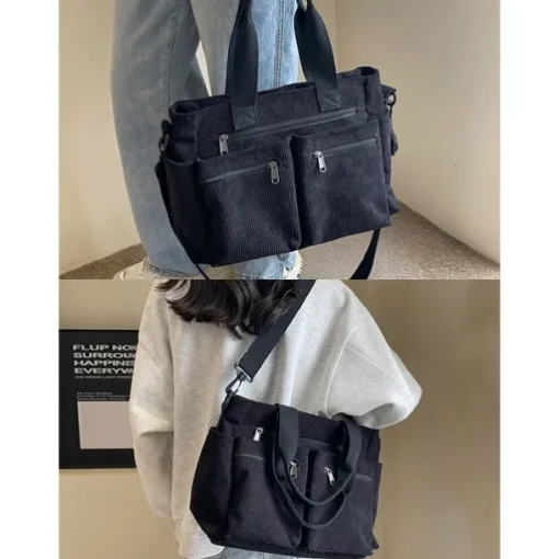 Vintage Corduroy Tote Bag with Multiple Zippered Pockets - Casual Handbag for Women