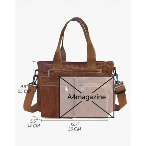 Vintage Corduroy Tote Bag with Multiple Zippered Pockets - Casual Handbag for Women