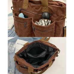 Vintage Corduroy Tote Bag with Multiple Zippered Pockets - Casual Handbag for Women