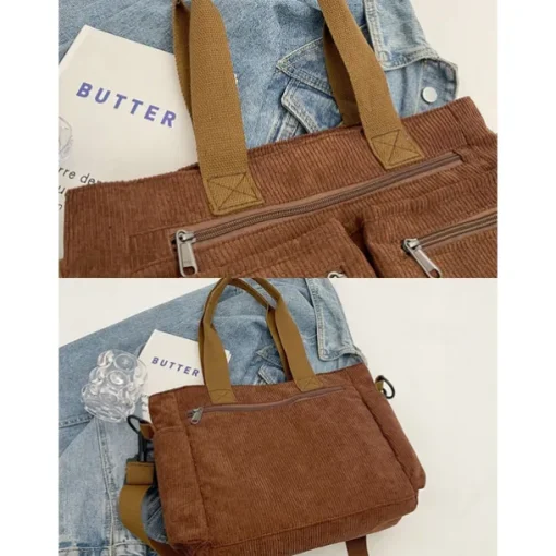 Vintage Corduroy Tote Bag with Multiple Zippered Pockets - Casual Handbag for Women