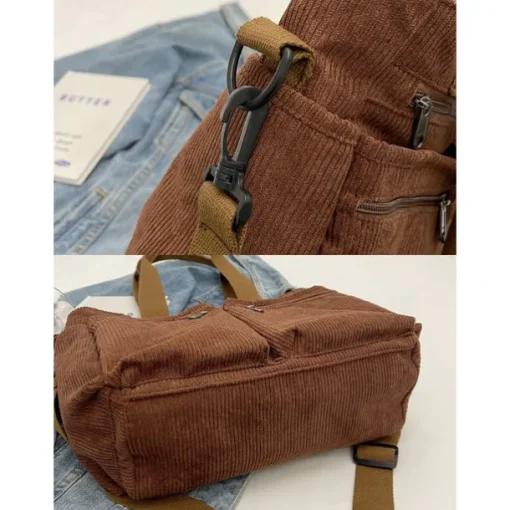 Vintage Corduroy Tote Bag with Multiple Zippered Pockets - Casual Handbag for Women