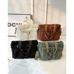 Vintage Corduroy Tote Bag with Multiple Zippered Pockets - Casual Handbag for Women