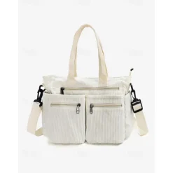 Vintage Corduroy Tote Bag with Multiple Zippered Pockets - Casual Handbag for Women