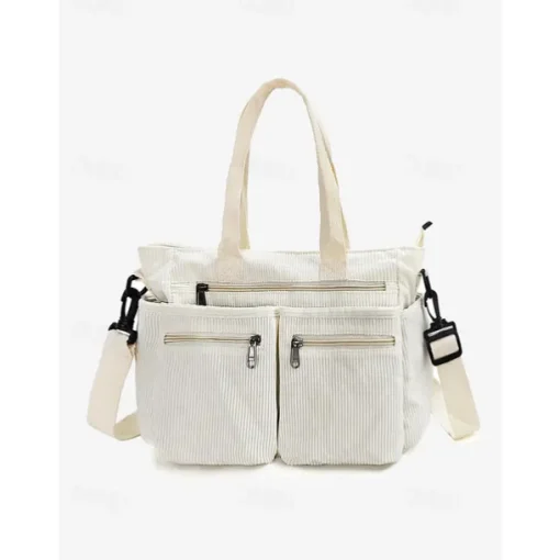 Vintage Corduroy Tote Bag with Multiple Zippered Pockets - Casual Handbag for Women