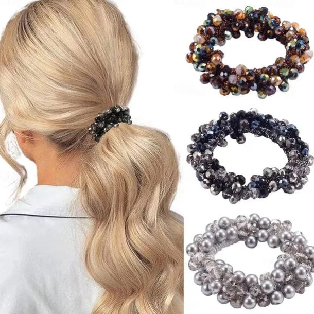 Vintage Glam Scrunchie Set - Faux Pearl & Rhinestone Detail, Comfort Hold for Trendy Hairstyles