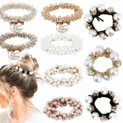 Vintage Glam Scrunchie Set - Faux Pearl & Rhinestone Detail, Comfort Hold for Trendy Hairstyles