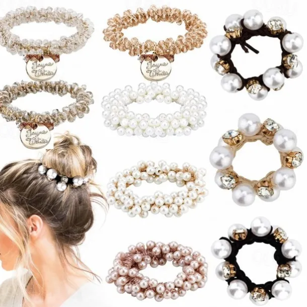Vintage Glam Scrunchie Set - Faux Pearl & Rhinestone Detail, Comfort Hold for Trendy Hairstyles