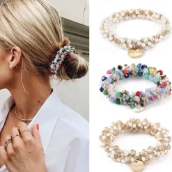 Vintage Glam Scrunchie Set - Faux Pearl & Rhinestone Detail, Comfort Hold for Trendy Hairstyles