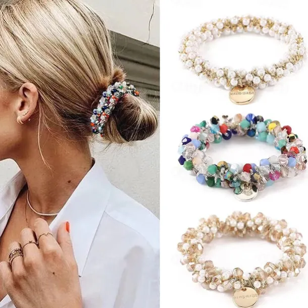Vintage Glam Scrunchie Set - Faux Pearl & Rhinestone Detail, Comfort Hold for Trendy Hairstyles