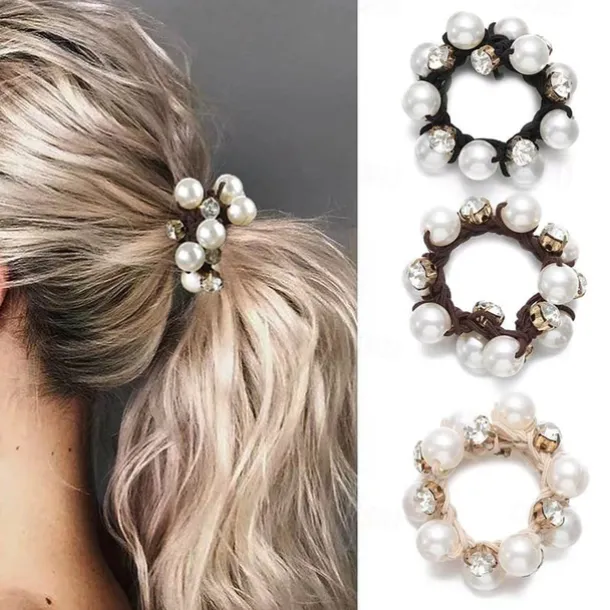 Vintage Glam Scrunchie Set - Faux Pearl & Rhinestone Detail, Comfort Hold for Trendy Hairstyles