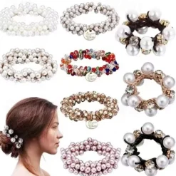 Vintage Glam Scrunchie Set - Faux Pearl & Rhinestone Detail, Comfort Hold for Trendy Hairstyles